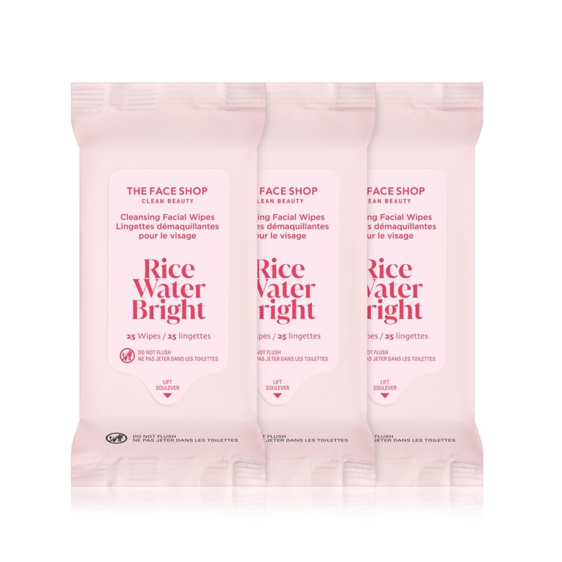 THE FACE SHOP X GLAMZILLA Rice Water Bright Cleansing Wipes On-the-Go Bundle for Face, Moisturizing, Infused with Rice Extract, Cleansing Facial Wipes, 25 Count (Pack of 3)