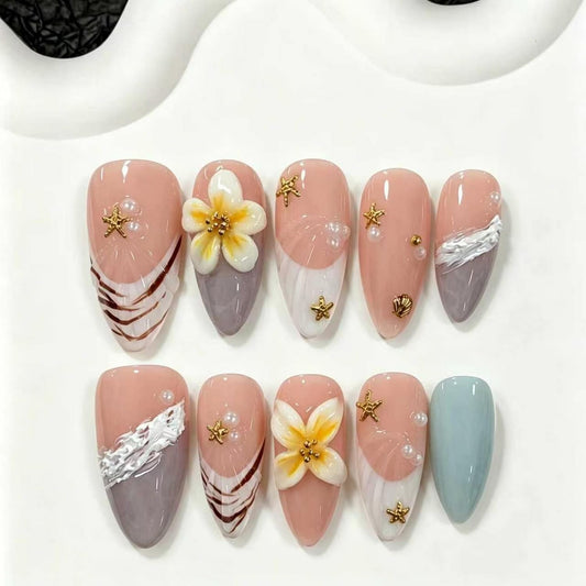 3D Press on Nail Almond Shape Fake Nails with Flower Star designs Stick on Nail Full Cover French Tip Press ones Glossy Handmade False Nails Reusable Glue on Nails for Women Beach（s size）10pcs