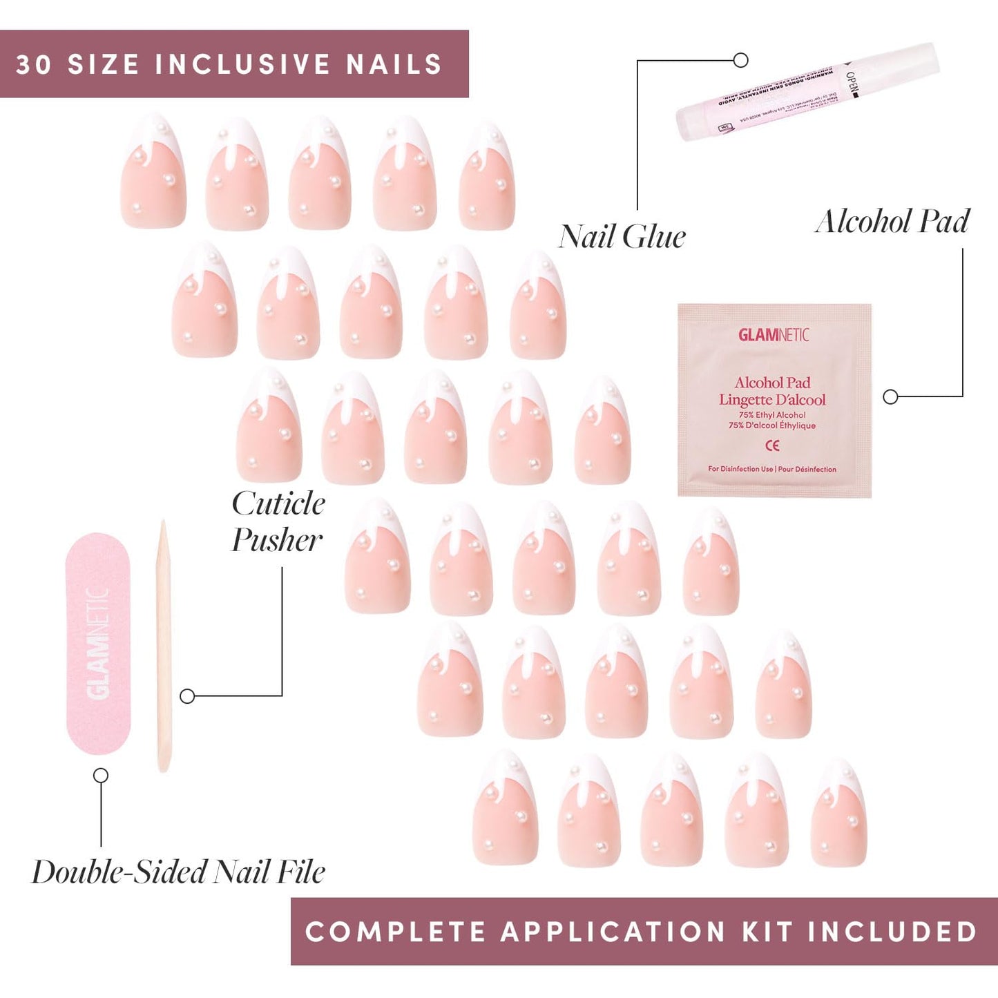 Glamnetic Press-On Nails & Adhesive Nail Tabs - French Pearl | Short Almond French Tip Fake Nails with Pearl Accents | 15 Sizes - 30 Nail Kit with Adhesive Tabs