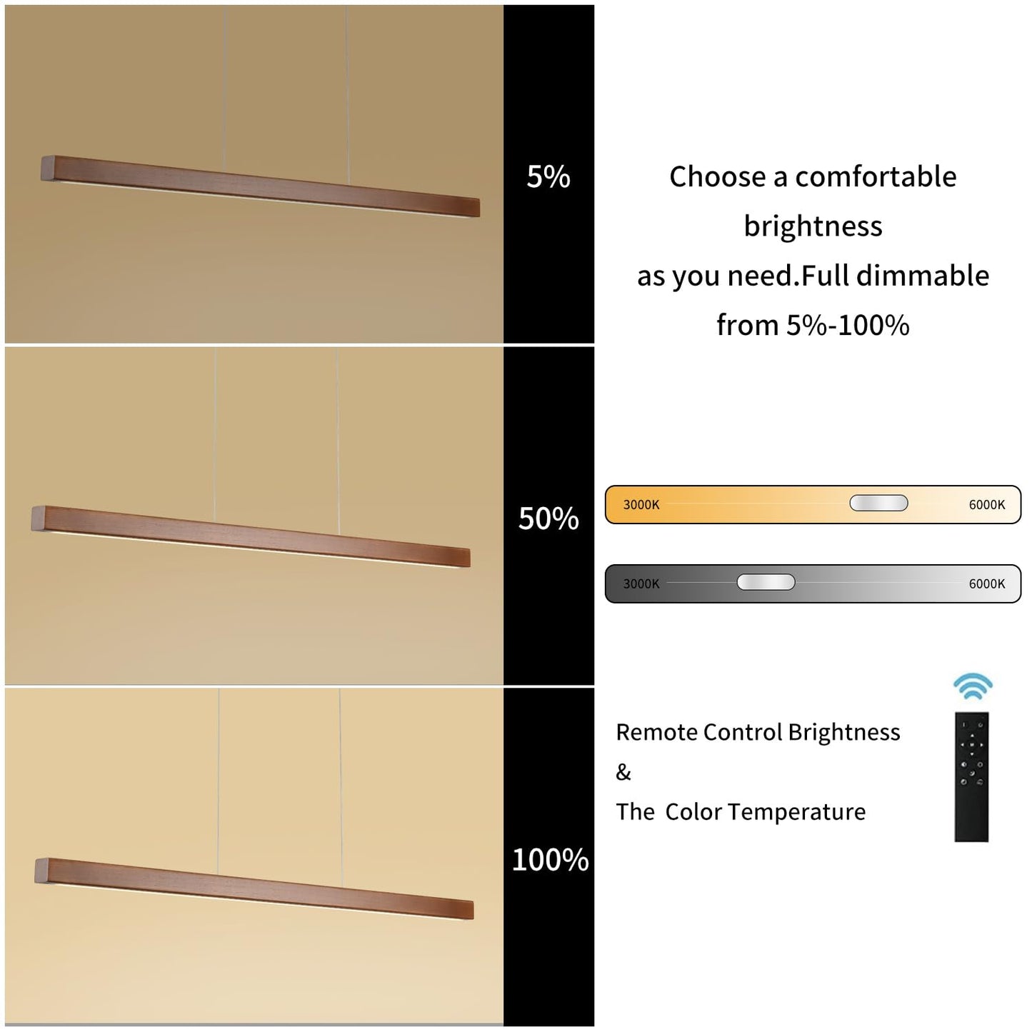 QJCMUUYI 47 Inch Wood Linear Pendant Light Dimmable LED Kitchen Island Lighting with Remote Adjustable Hanging Chandelier for Dining Room Bar Pool Table 30W Modern Farmhouse Fixture Walnut Color