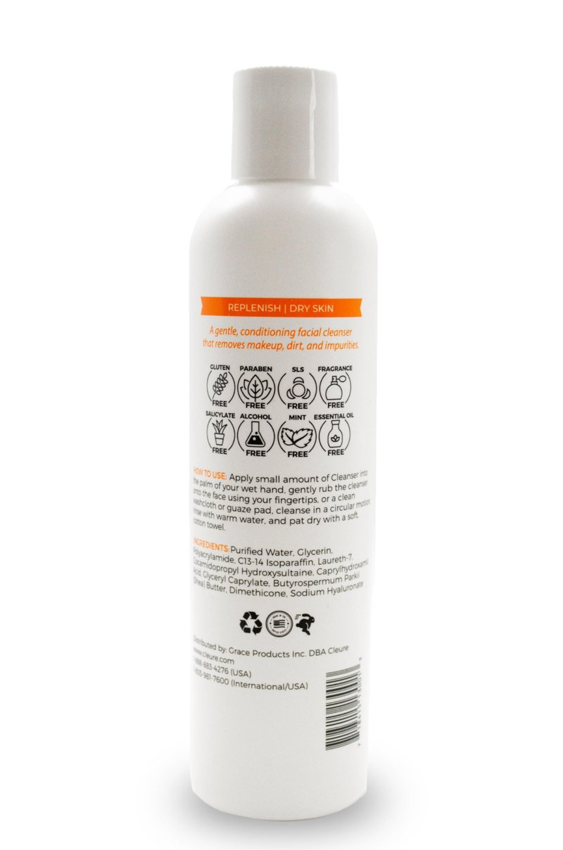 Cleure Gentle Face Cleanser for Dry Sensitive Skin - Hydrating Daily Lotion Cleanser, Non-Greasy, pH Balanced w/Shea Butter & Sodium Hyaluronate, Fragrance Free (8 oz, 1 Pack)