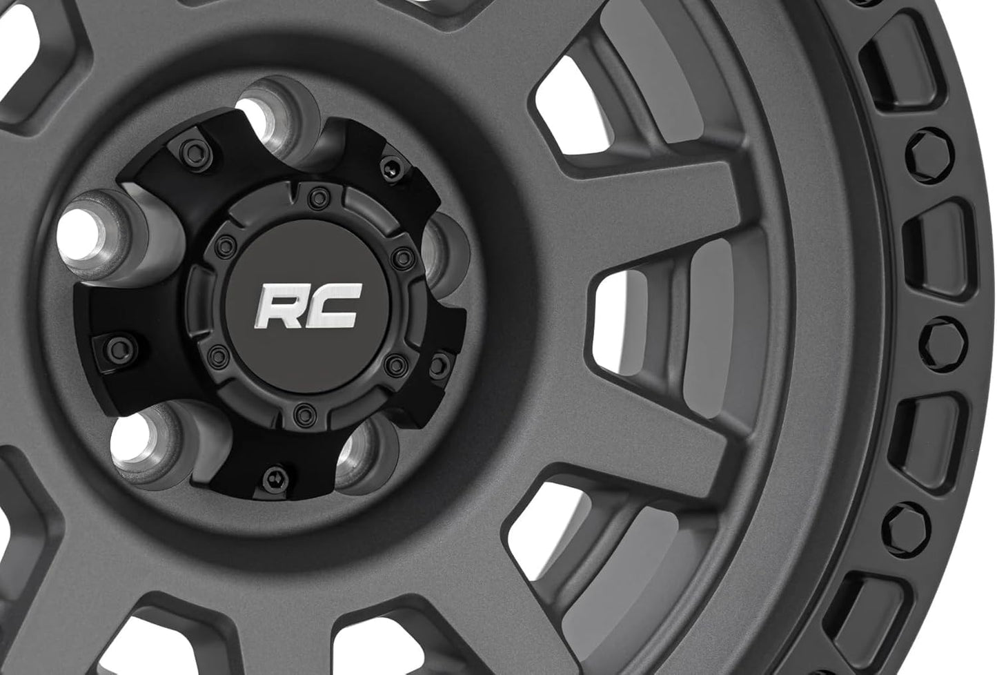 Rough Country 85 Series 15x8 Wheel - 5x4.5" Bolt Pattern, 19mm Offset, Gunmetal Gray with Black Simulated Beadlock, One-Piece Aluminum Off-Road Wheel