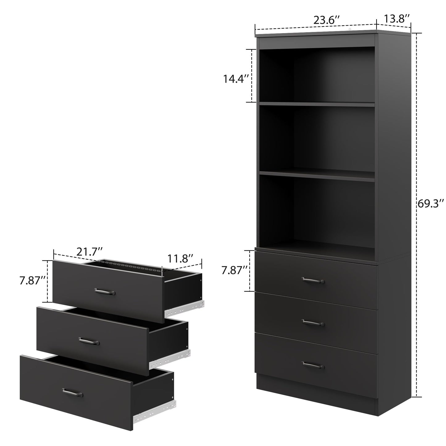 OneBlis 70" H Black Bookshelf with Drawers, Tall Bookcase with 3-Tier Open Shelves, Bookshelf and Bookcase with Storage Cabinet for Home Office,Living Room(Black,6-Tier)