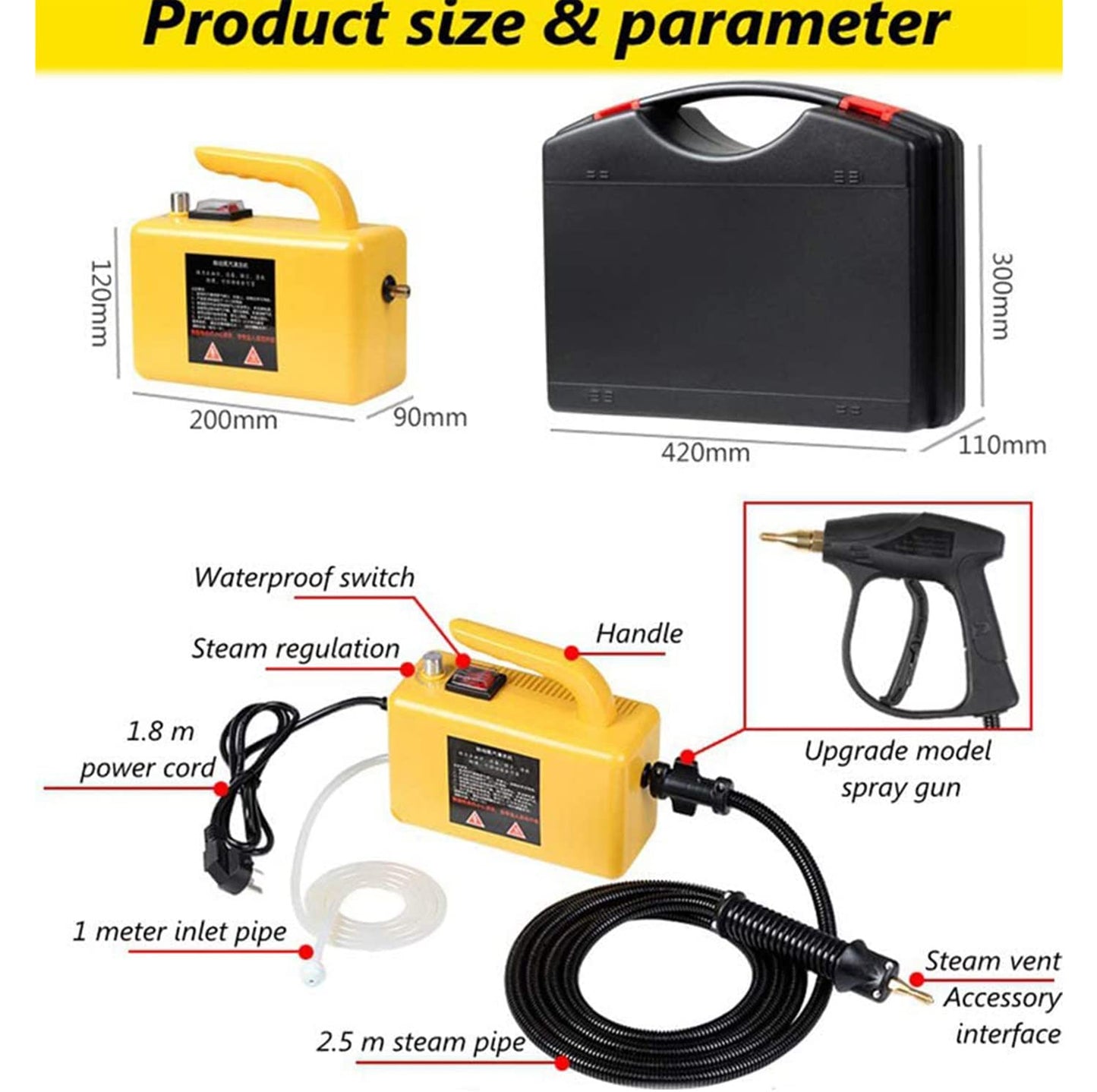 ZWEBY 2600W High Pressure Steam Cleaner, Portable Steam Cleaner, High Temperature High Pressure Mobile Cleaning Machine, Commercial Multi-Purpose Industrial Home Steam Cleaner,Black