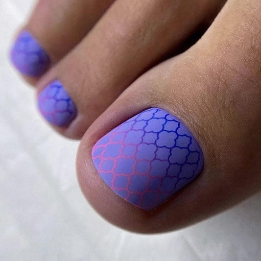 Vezocim Press on Toenails with Grids Designs, Artificial Gradient Purple Fake Nails for Toe, Glossy Full Cover Square Acrylic False Nails, Glue on Toenails with Charm, Stick on Toe Nails for Women
