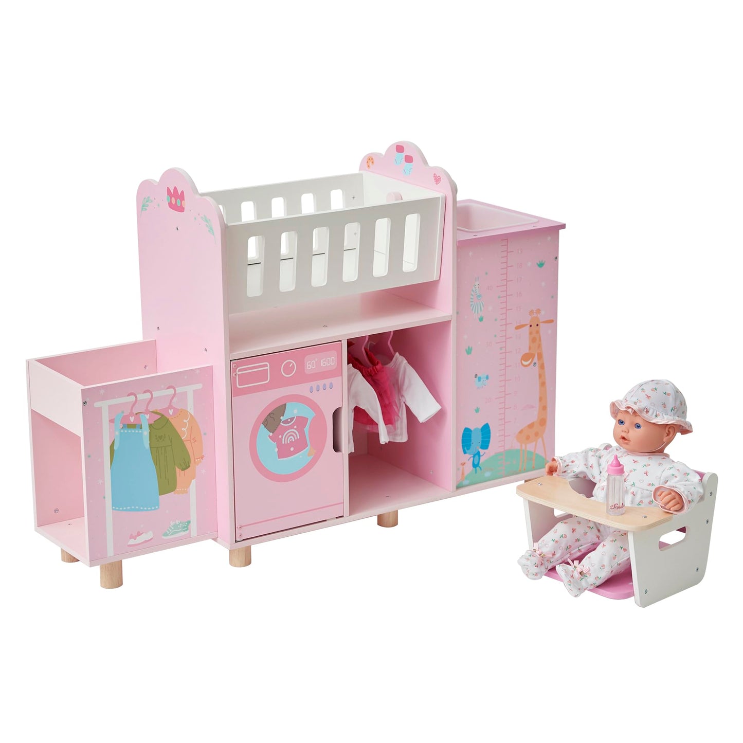 Olivia's Little World 6-in-1 Wooden Baby Doll Nursery Set – Crib, High Chair, Changing Table, Doll Furniture for 16” Dolls – Baby Doll Accessories Playset for Girls Ages 3+, Pink