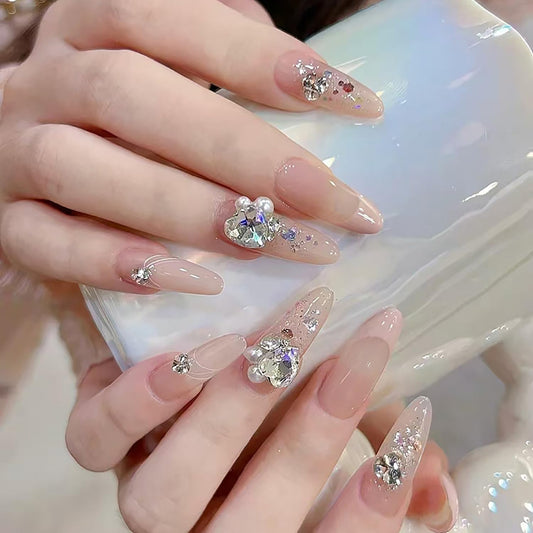 Nude Press on Nails Medium Almond Fake Nails with Glue White Pearl Design Glitter Glossy Acrylic Nails Design Gems Charms Fake Nails for Women DIY Manicure Decoration 24PCS