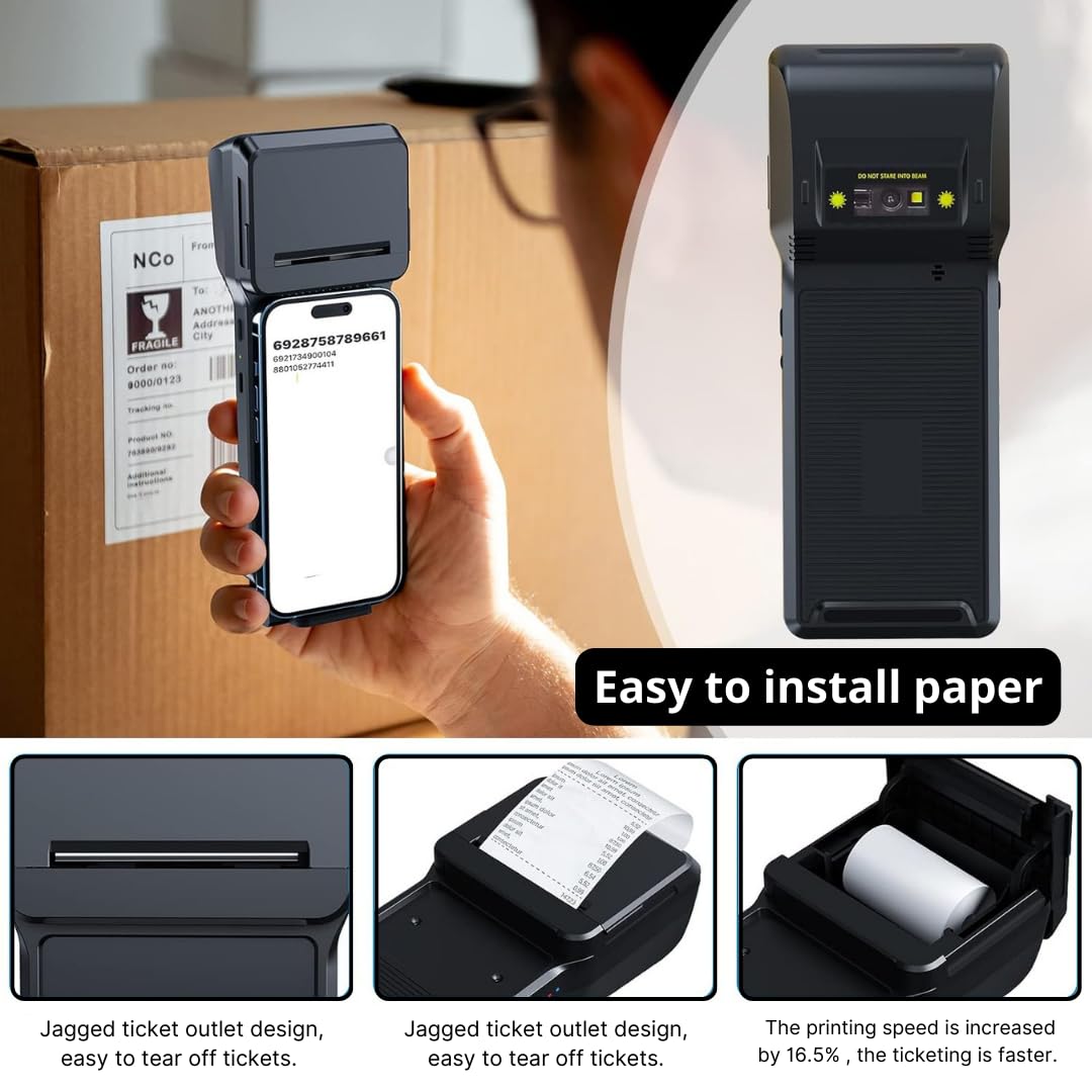Multzo POS XP-P1 Portable Thermal Printer, USB & Bluetooth, 58mm Paper Width, High-Speed Printing, 1D/2D Barcode Scanning, Compatible with Windows, Linux, Android, iOS (Black)