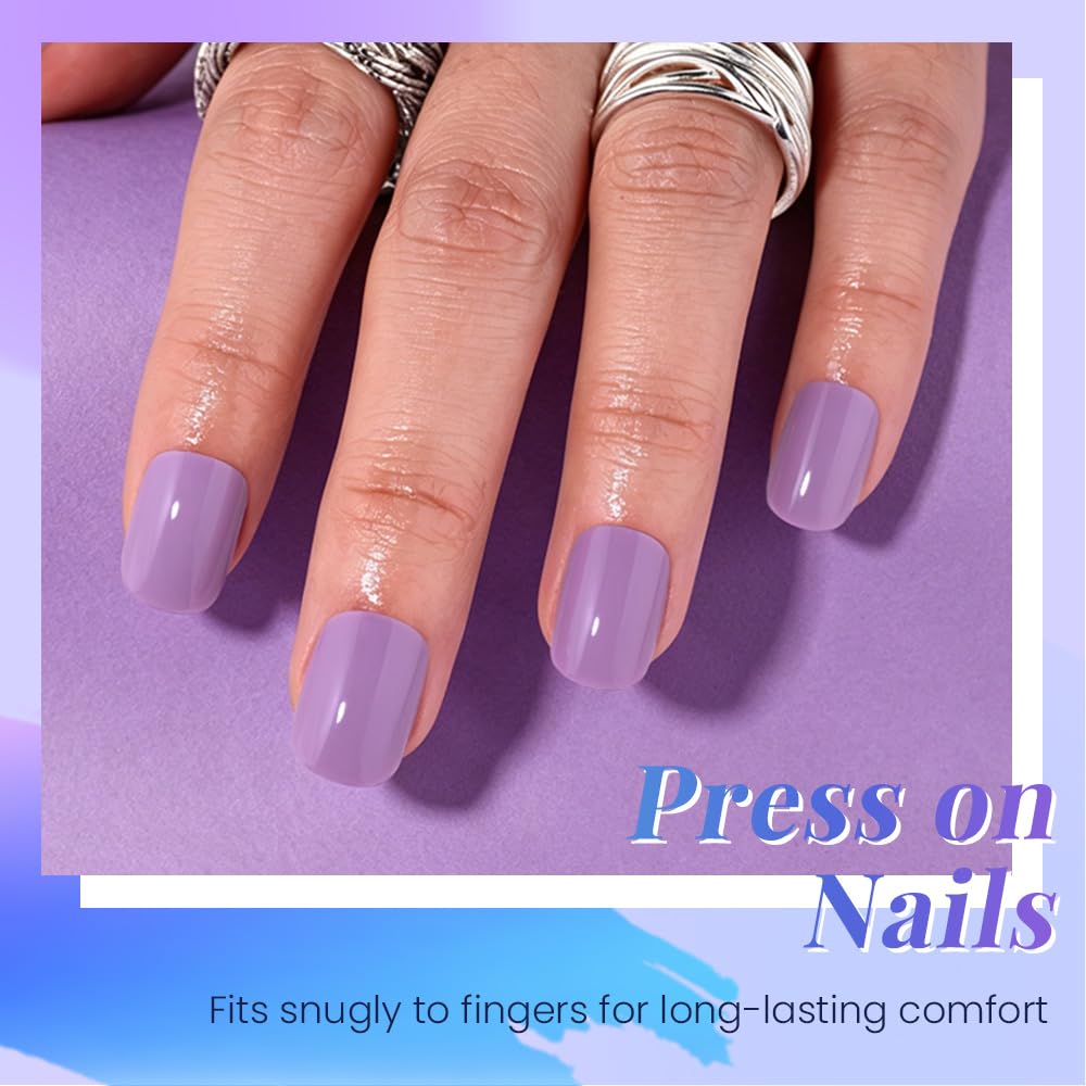evpct Violet Purple Glossy Squoval Short Press on Nails for Women, Purple Extra Short Squoval No Glue Stick on Nails with Kit, Reusable Full Cover Soft Press on Fake Nail Salon-quality Perfectly Fit
