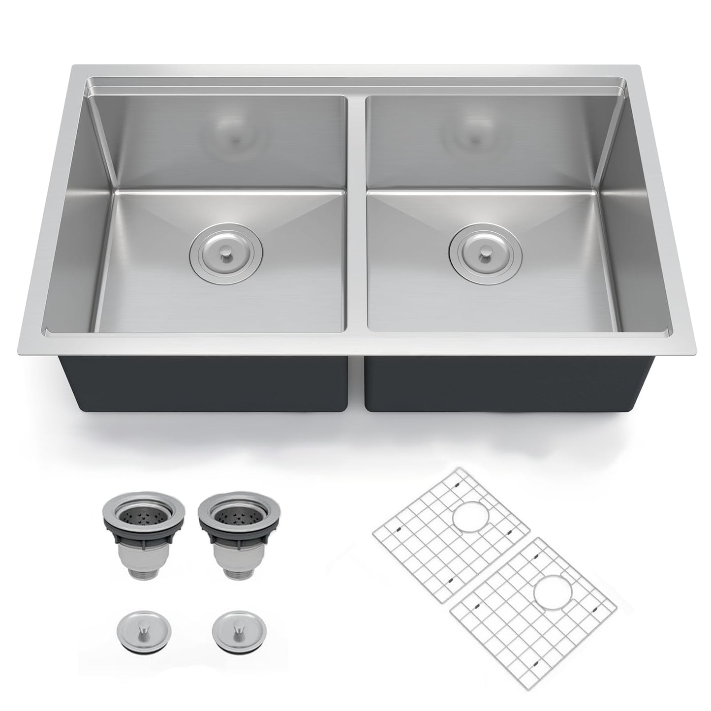 Kitchen Sinks,33×19×10 inch Double Bowl Undermount Workstation Kitchen Sink – 16 Gauge Stainless Steel, Brushed Finish, Deep Basin with Ledge, Bottom Grids & Drain Assembly Included