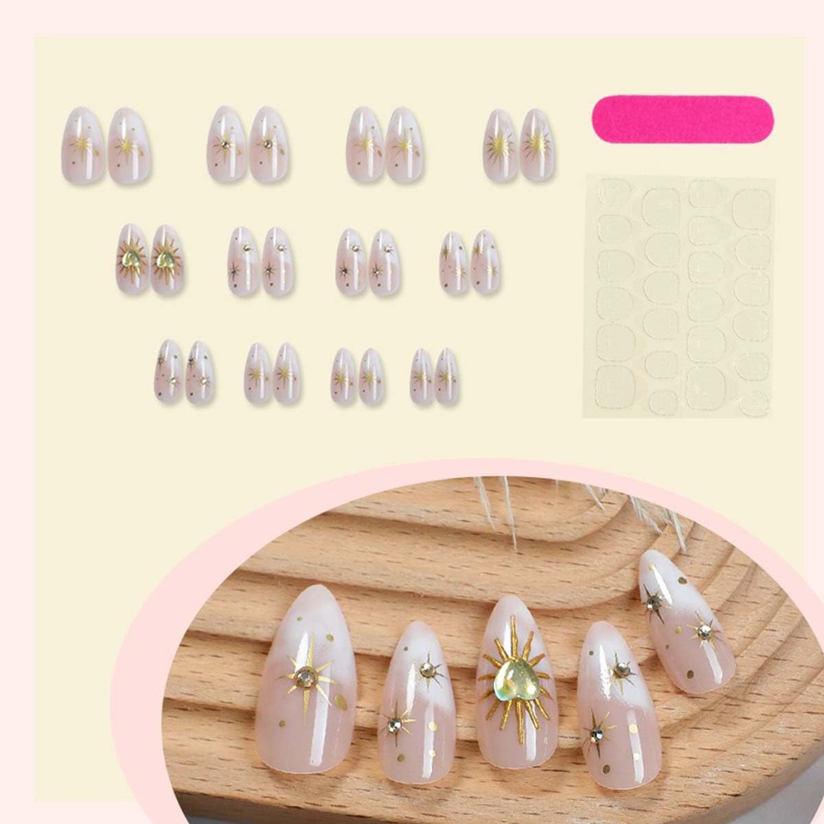 24pcs Almond Press On Nails Medium Fake Nails Star Rhinestone With Heart Design Ombre False Nails Full Cover Artificial Nails Glossy Cute Glue On Nail Reusable Stick On Nail For Women Manicure