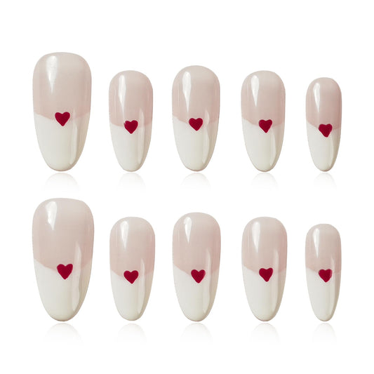 Tesytto Medium Almond Press on Nails - Red Heart Fake Nails Full Cover Glossy, Classic White Edge Design French Tip Handmade False Nails(Creamy Heart French,S)