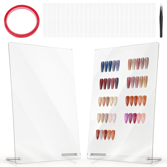 Segbeauty 2pcs Acrylic Nail Art Colors Display Stand with Accessories, Vertical Transparent Fingernails Tip Holder with Tweezers Display Strips Adhesive Tape, for Nails Sample Display Design Practice