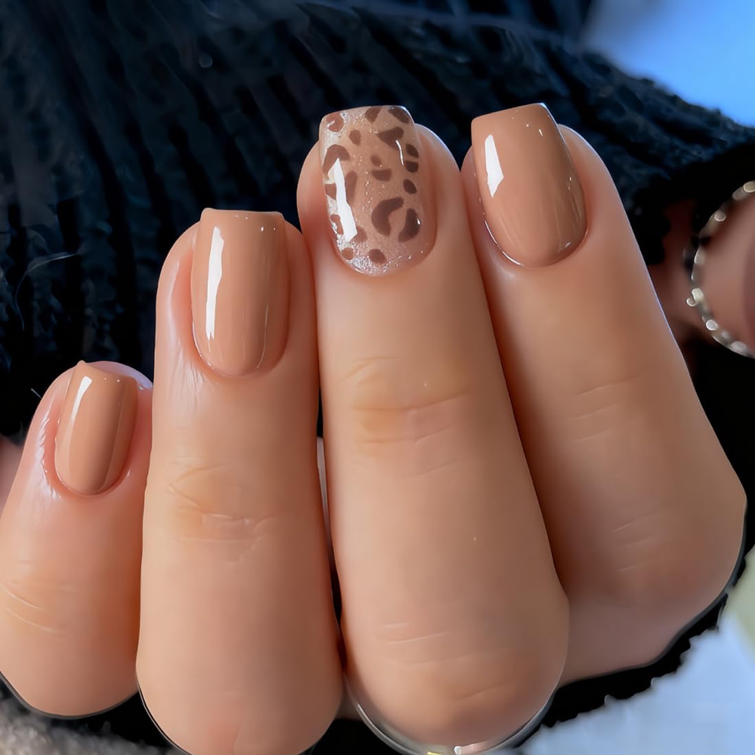 Light Brown Leopard Print Press on Nails Short Square Fake Nails Winter False Nails with Gold Glitter Designs Light Brown Glossy Glue on Nail Winter Full Cover Acrylic Nails for Women Girls 24Pcs