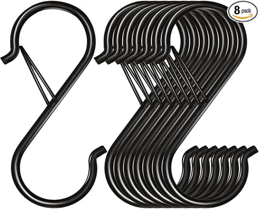 Waitkey 8 Pack S Hooks for Hanging, 3.5 inch Heavy Duty Metal S Hooks with Safety Buckle S Shaped Hooks Pot Rack Closet Hooks for Hanging Plants, Clothes, Kitchen Utensil, Pots, Pans, Bags (Black)