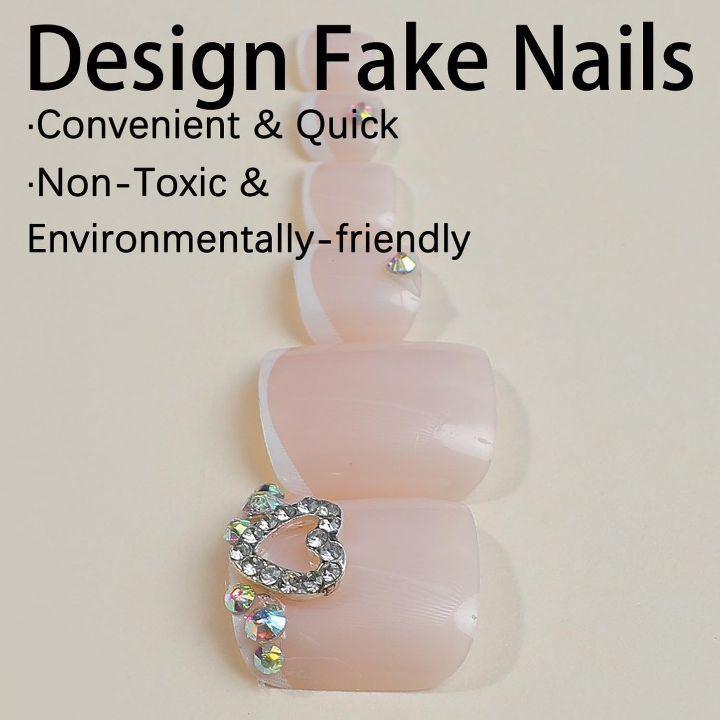 French Tip Press One Toe Nail for Women Fake Toenail with Rhinestones Designs Heart Glossy Fashion False Toenail Full Cover Acrylic Nail Art DIY Foot Nails Design Toenail Tips 24Pcs