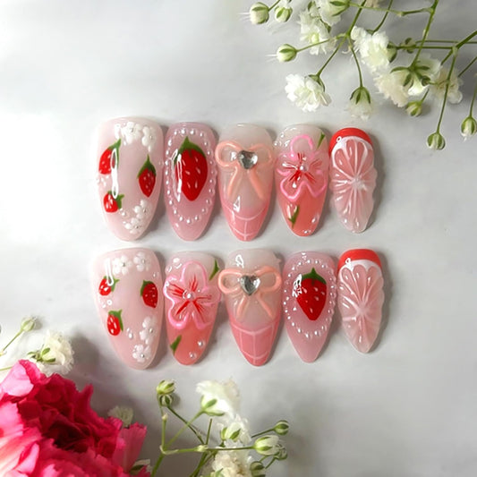 EYZOTSF Press on Almond Nails Medium Length Glossy Full Cover Acrylic Almond Shaped False Nails with Designs Artificial Fake Nail with Charms Glue Stick ons Fingernails for Women Girls(Z1105)
