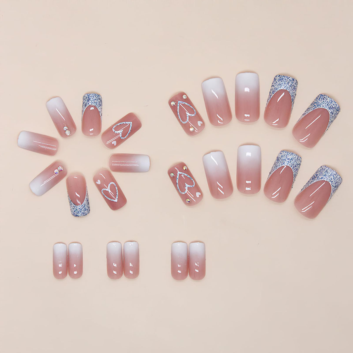 Square Press on Nails Medium Length Fake Nails French Tip Coffin False Glossy Heart Blue Glitter Design Full Cover Glue on Nails Nude Pink with Rhinestones Reusable Stick on Nails for Women 24pcs
