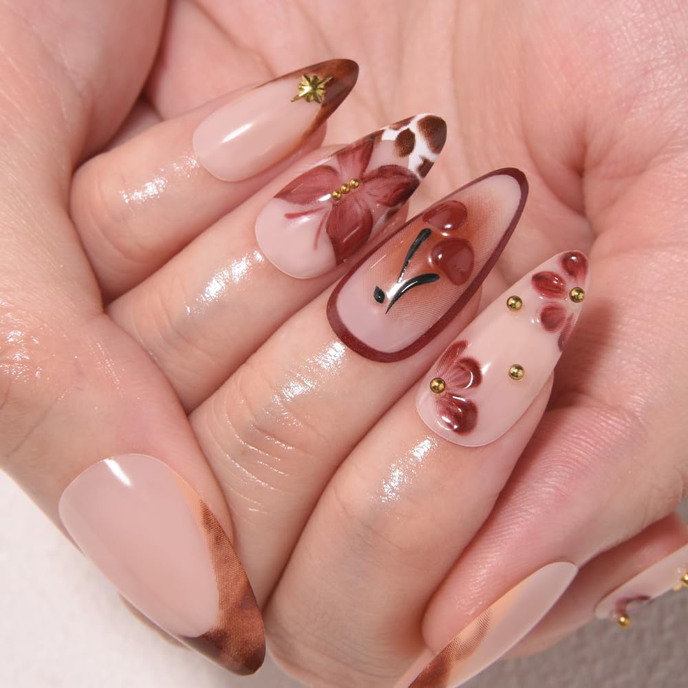 evpct 3D Red Cherry Press on Nails Short Almond No Glue, Short Almond with 3D Red Bow Butterfly Design, Coffee Tip Stick on Nail for Women Gift with Kit, Reusable Full Cover Soft Press on Fake Nail
