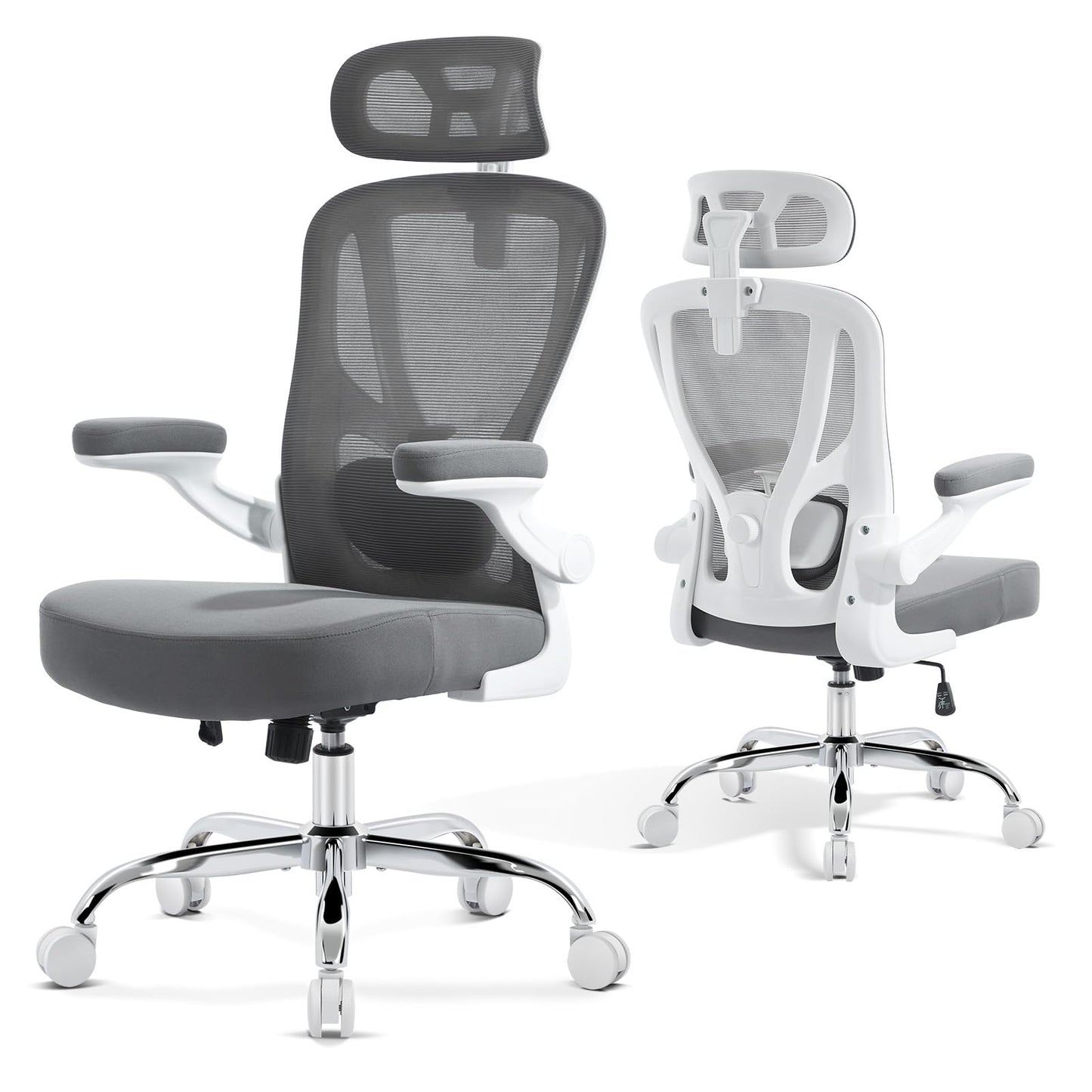 shipborne Office Chair Ergonomic Office Chair with Lumbar Support, Head Support, Rocking Function, FILP-up Armrests, Mesh High Back Chair Home Office Desk Chair, Suitable for Home, Office, Grey