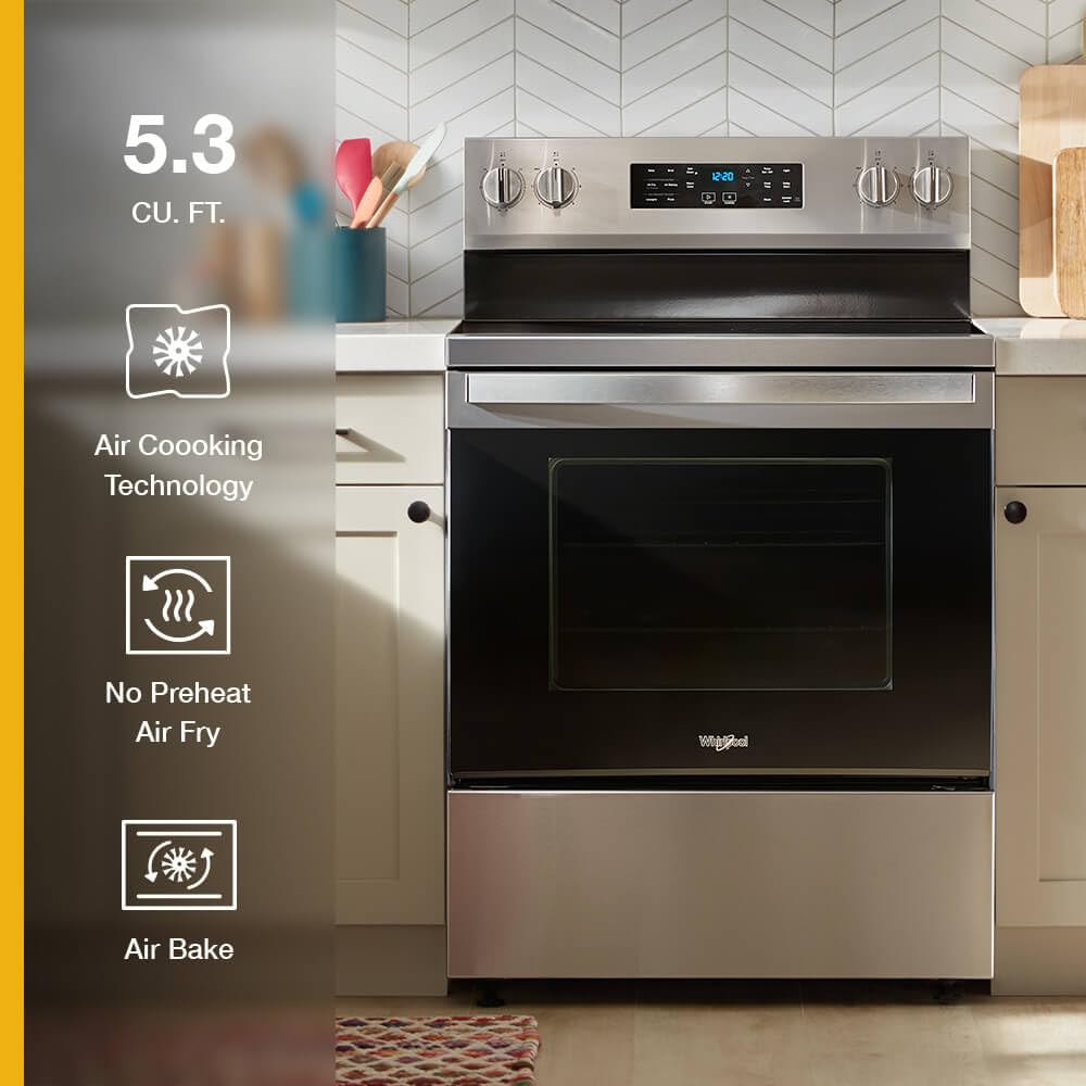 Whirlpool 30 in. 5 Element Freestanding Electric Range in Fingerprint Resistant Stainless Steel with Air Cooking Technology