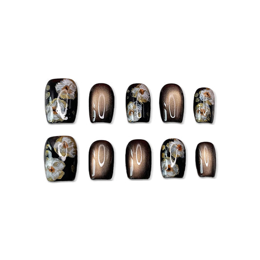 Handmade Press on Nails Short Square Fake Nails Press Ons Gold Brown Glitter Luxury Flower Full Cover Stick on Nails Glue on Nails for Women Girls Manicure (Floral Glitter S)
