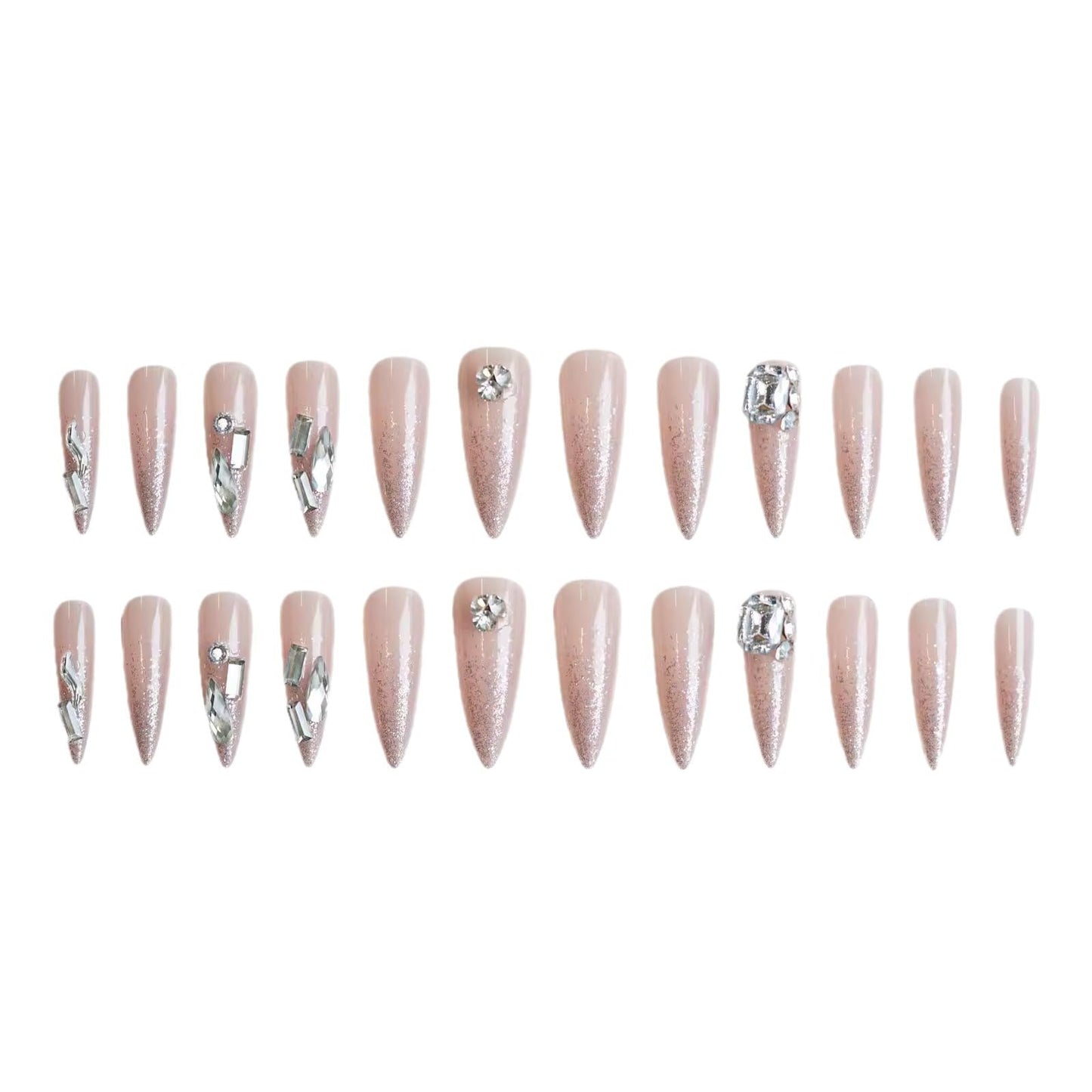 MERVF Almond Press on Nails Extra Long Nude Fake Nails Glitter French Tip Stiletto Glue ons with Rhinestones Design Luxury Acrylic False Nail Glossy 24pcs