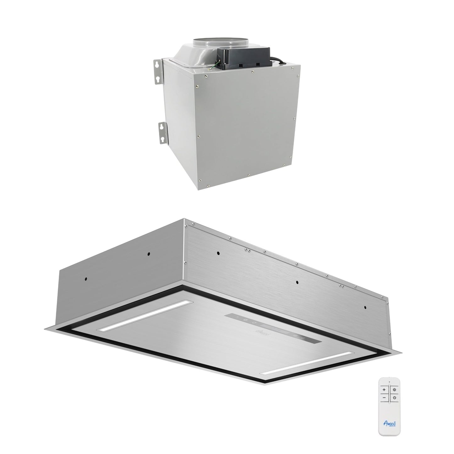 Awoco 30”W Flush Ceiling Mount Split Insert Range Hood, Stainless Steel 4 Speeds 1000 CFM, 8” Round Top Vent LED Lights Remote Control (30"W 19"D 8" Vent)