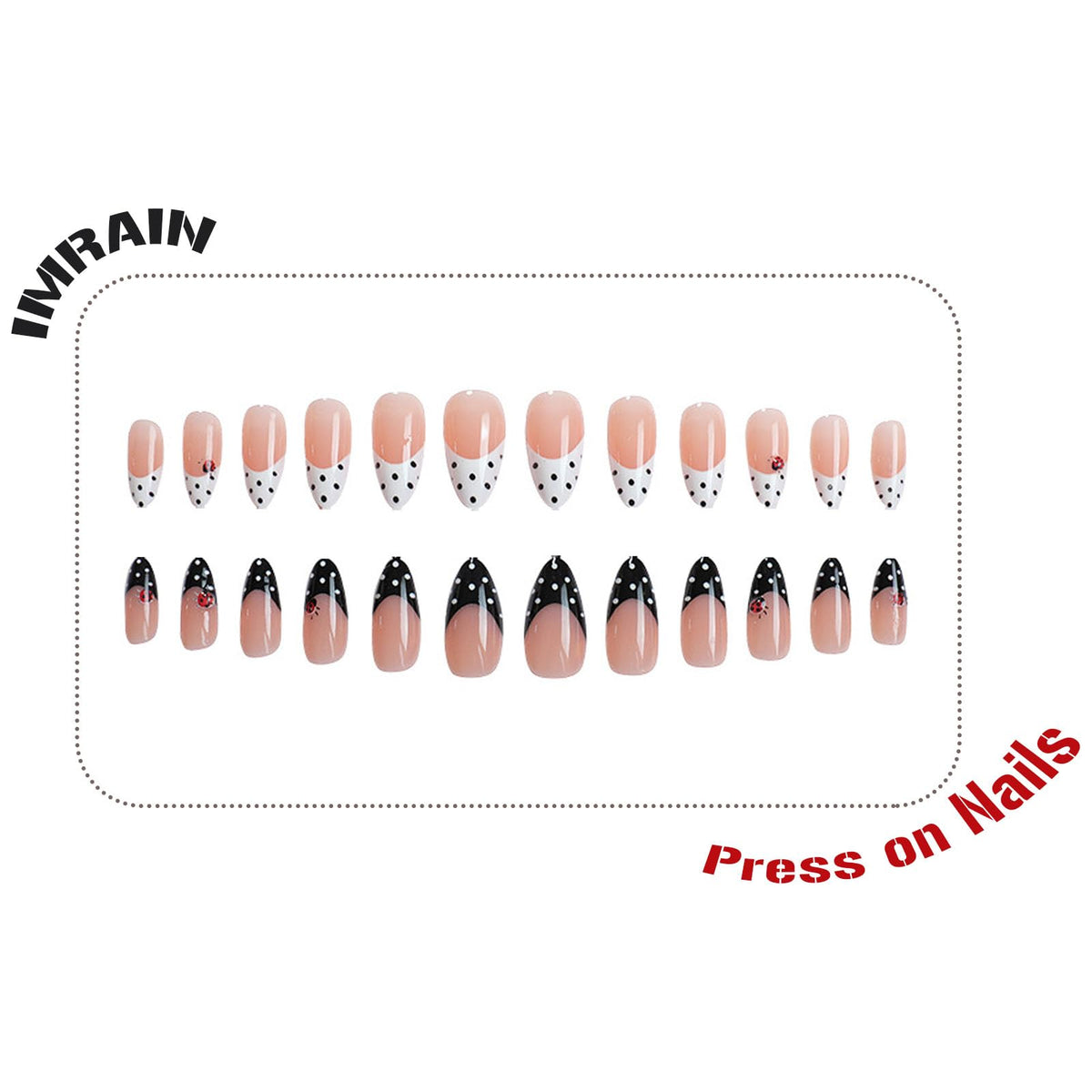 IMRAIN French Tip Press on Nails - Polka Dot, Medium Almond Fake Nails, 3D Red Ladybug Designs, Acrylic Full Cover False Nails, Glossy Black White Glue on Nails for Women Girls 24Pcs
