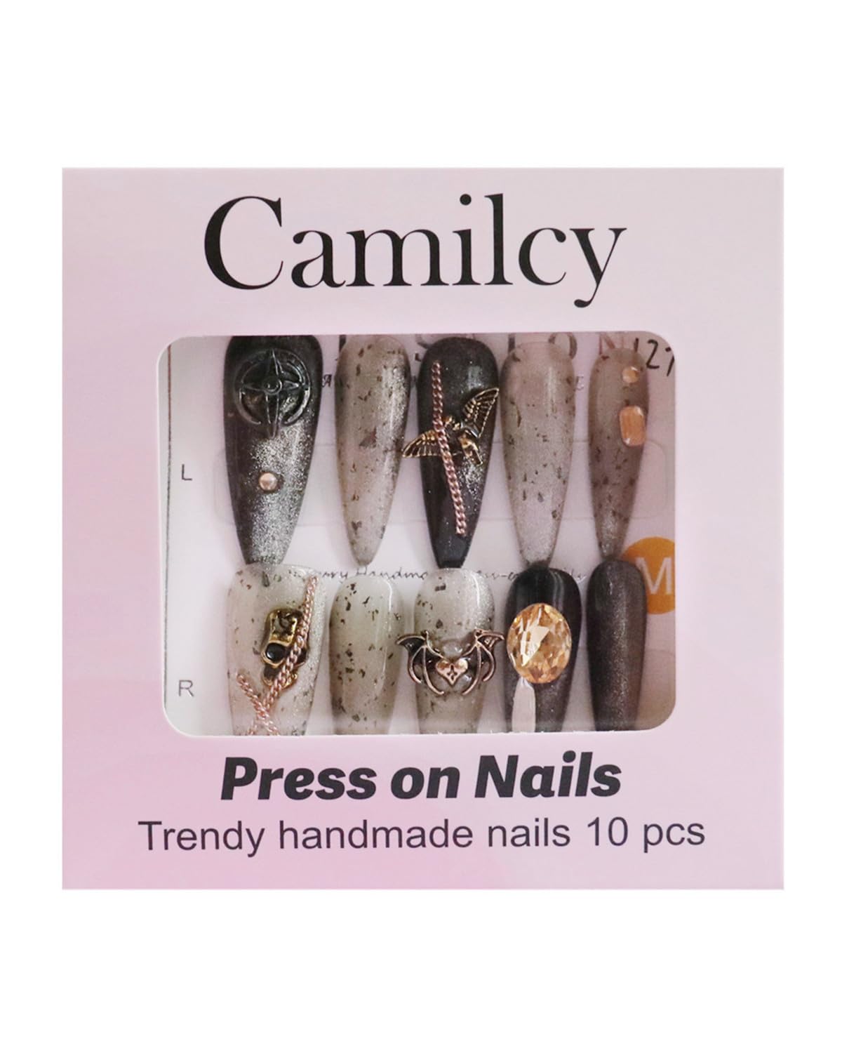CAMILCY Press on Nails Handmade Nails Luxury Reusable Fake Nails For Girls long Almond Armor Tip Grey Diamonds HandPainted Salon Loveful Design Acrylic GelUV Finished 3D Nails 10PCS(A001, M)