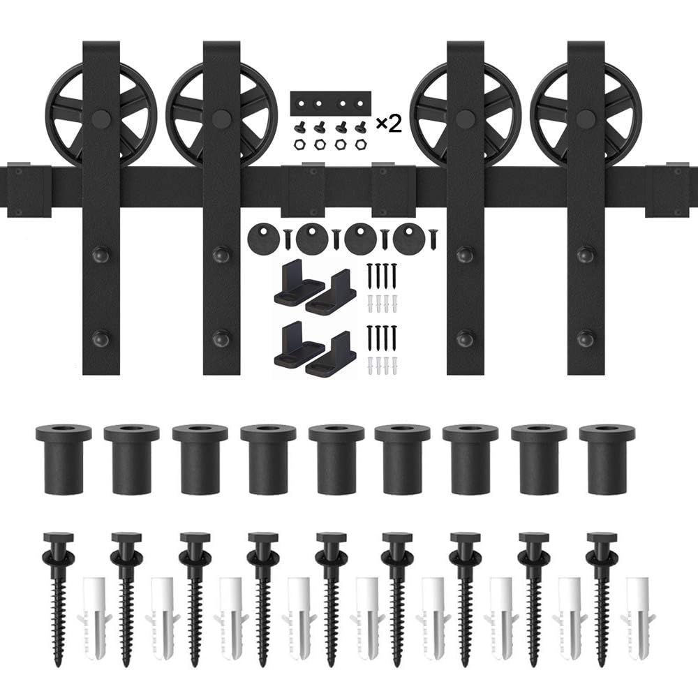 WINSOON 12FT Wood Double Sliding Barn Door Hardware Basic Black Big Spoke Wheel Roller Kit，5-18FT for Choose