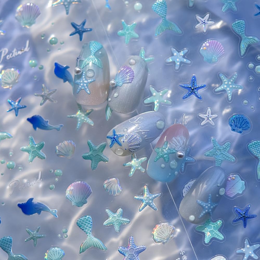 SOFTSOUL 5D Embossed Nail Stickers – Premium Salon-Grade Nail Art Stickers, Self-Adhesive Nail Decals, Long-Lasting, Detailed Textured Designs, Easy DIY Manicure, Home or Salon Use (Mermaid Blue)
