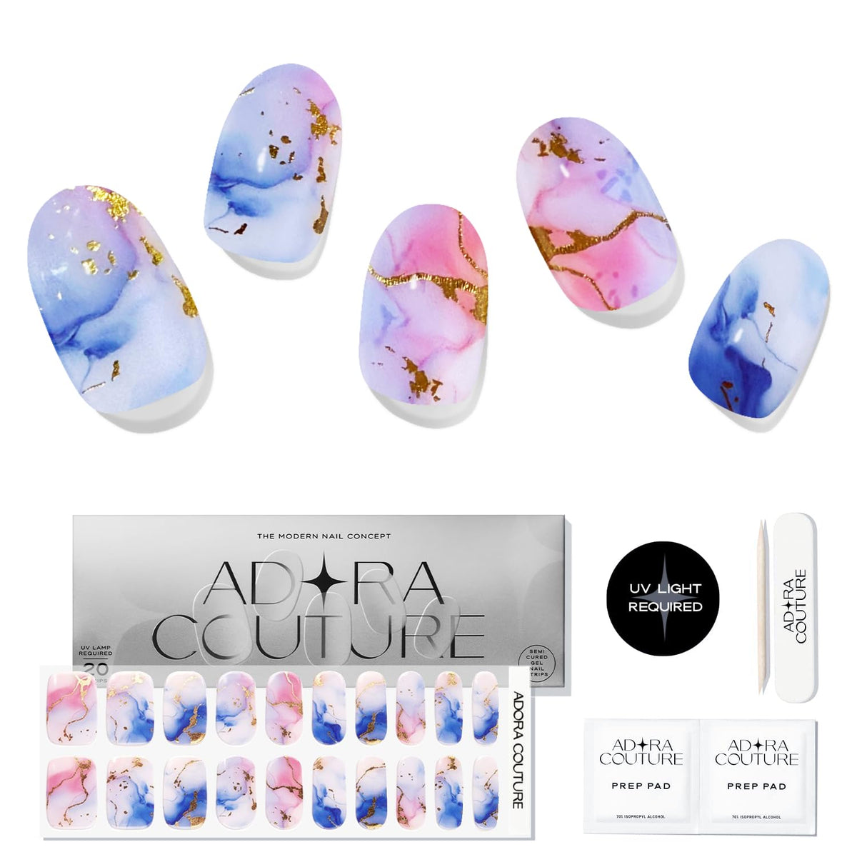 Adora Couture Semi Cured Gel Nail Strips with 20 Pieces - UV Gel Stickers, Manicure Kit, Easy Application Wraps Includes Prep Pads, Nail File, Wooden Stick - UV Light Required (Marbled Sky)