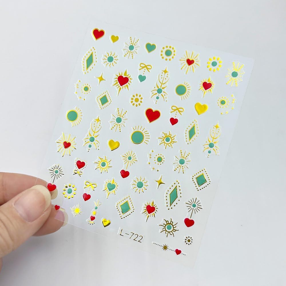 Bohemia Nail Stickers for Nail Art Gold Moon Sun Star Heart Nail Art Stickers Boho Nail Decals 3D Self-Adhesive Colorful Retro Nail Sticker for Women Girls DIY Manicure 6Sheets