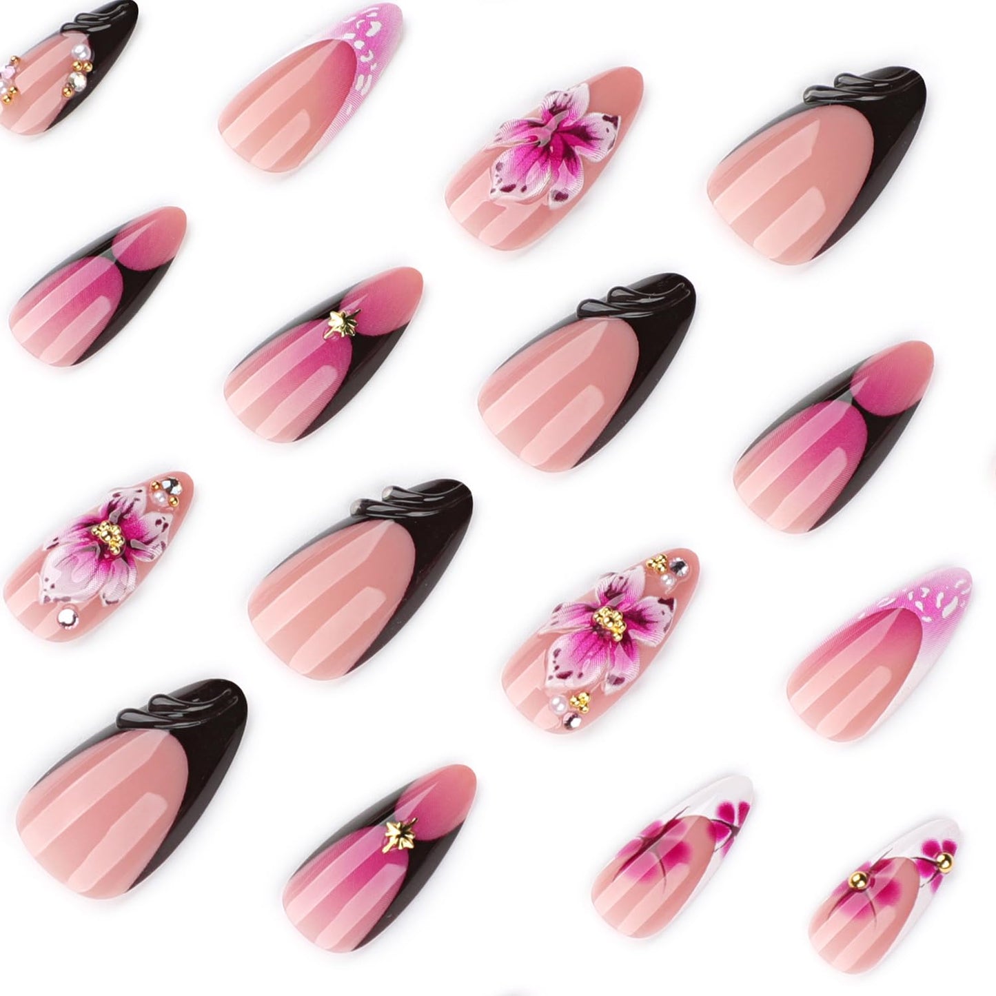 Purple Floral Press On Nails Almond Medium Long, Plum Gradient Fake Nails with Hand Painted Flower Design, Glossy French Tip Acrylic Nails, Reusable Stick On Nails Kit for Women, Elegant Salon Style