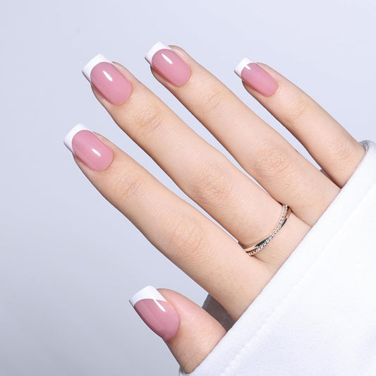 White French Tip Press On Nails - Pink Short Square Fake Nails, Square White Press On Nails Reusable Stick On Nails in 16 Sizes, 32pcs False Nail Kit for Women & Girls (Pink White French)