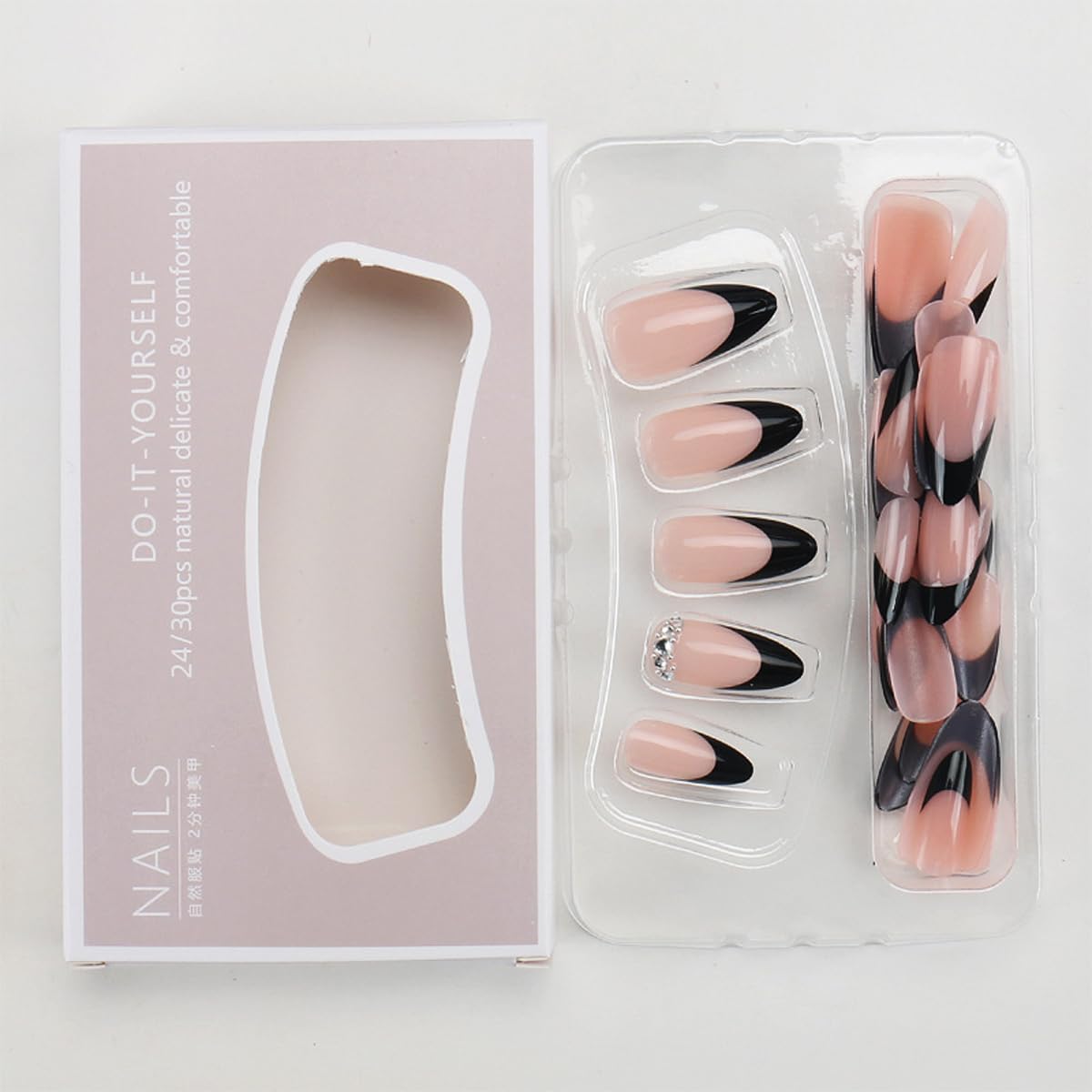 Black French Tip Press on Nails Medium Almond Nails Press ons with 3D Rhinestone Designs Nude Fake Nails Reusable Glue on Nails for Women, Elegant Classic Manicure, 24Pcs