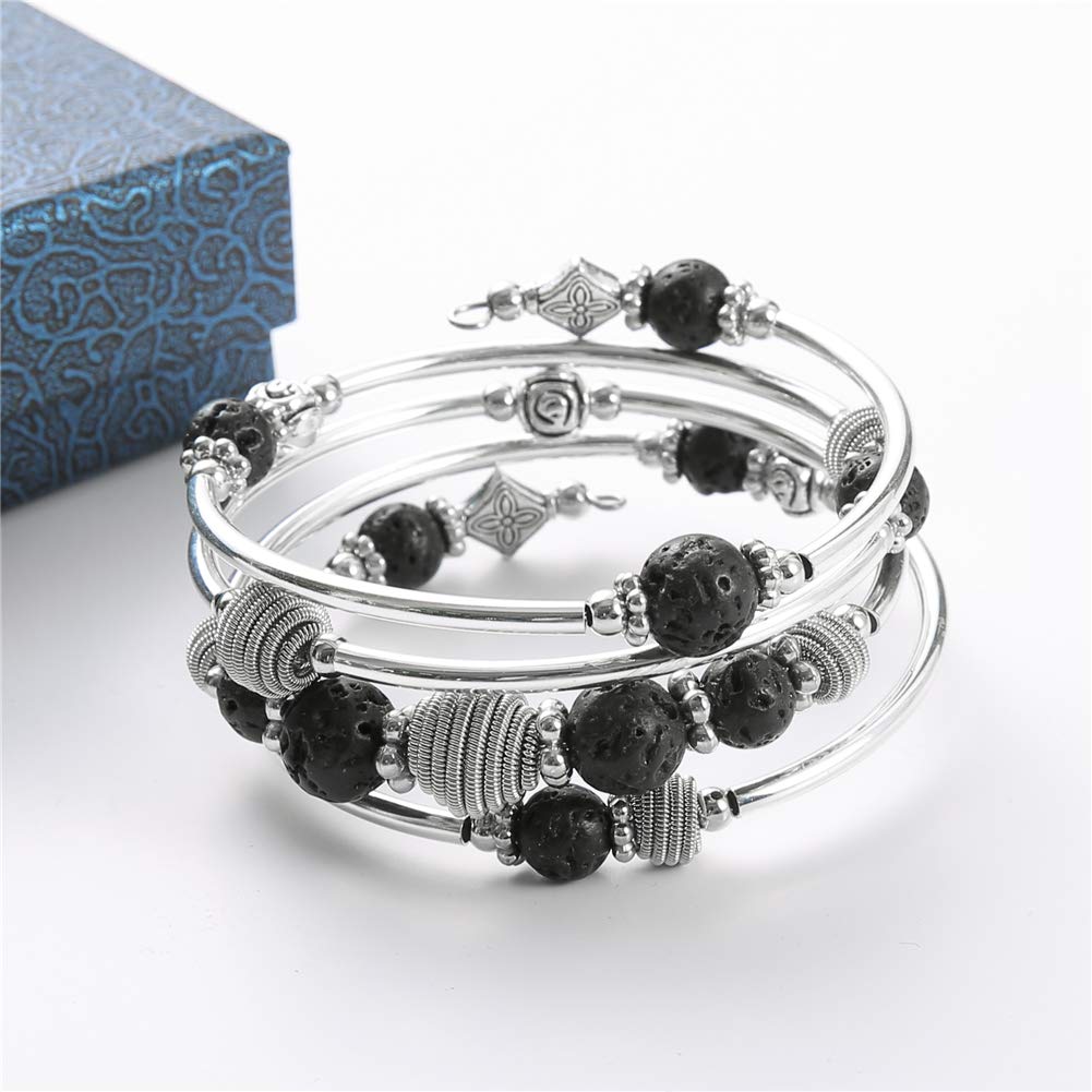 PEARL&CLUB Beaded Chakra Bangle Turquoise Bracelet - Fashion Jewelry Wrap Bracelet with Thick Silver Metal and Mala Beads, Birthday Gifts For Women(Lava stone)