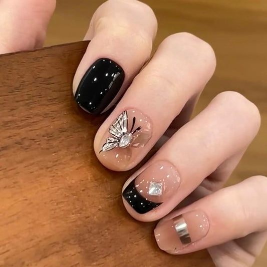 Hkanlre French Short Fake Nails Tips Square Black Press on Nails Butterfly Full Cover Rhinestones False Nails for Women 24PCS