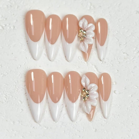 Luxury Press on Nails Long Stiletto Handmade 3D Unique Reusable ABS Material Fake Nails French Tip False Nails with Designs Rhinestones Floral Art Petal Glossy Glue on Nails Thick Acrylic Nails(S)