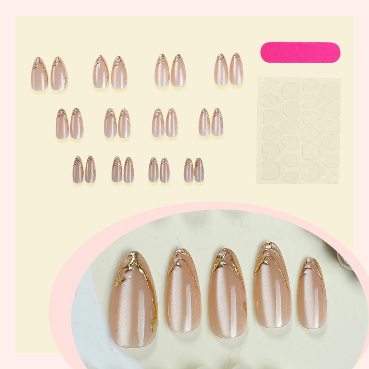 Gold Press on Nails Medium Almond Fake Nails with Design Glass Nude False Nails Press ons,Reusable Acrylic Nail Full Cover Glossy Glue on Nail Stick on Nails for Women Girls Manicure 24 Pcs