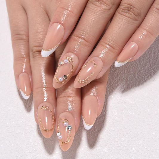 evpct Nude 3D Press on Nails Short Almond, White French Tip Nail Short Almond with Gold Line Design, Glossy Stick on Nails for Women Gift, Reusable Full Cover Soft Gel Press on Fake Nail with Design
