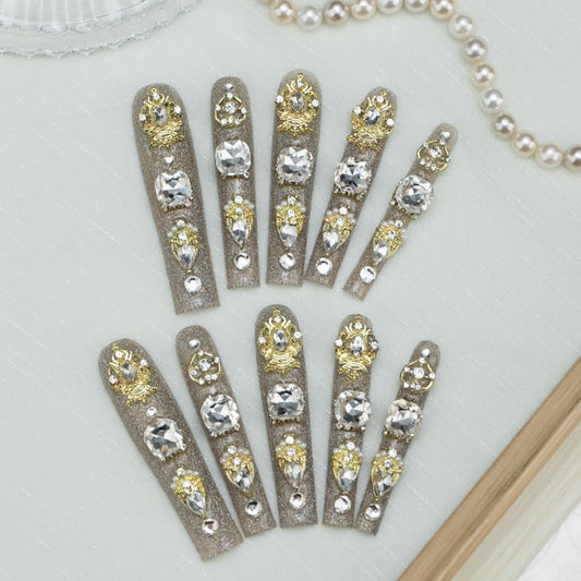 Tmani 10pc/set Extra Long Handmade Press On Nail Hot Girl's Long Ballet Nails Square Nail Full of Diamond Glitter Decoration Fake Nails Suitable For Girls Festival Parties and Birthday Gift (Grey, M)