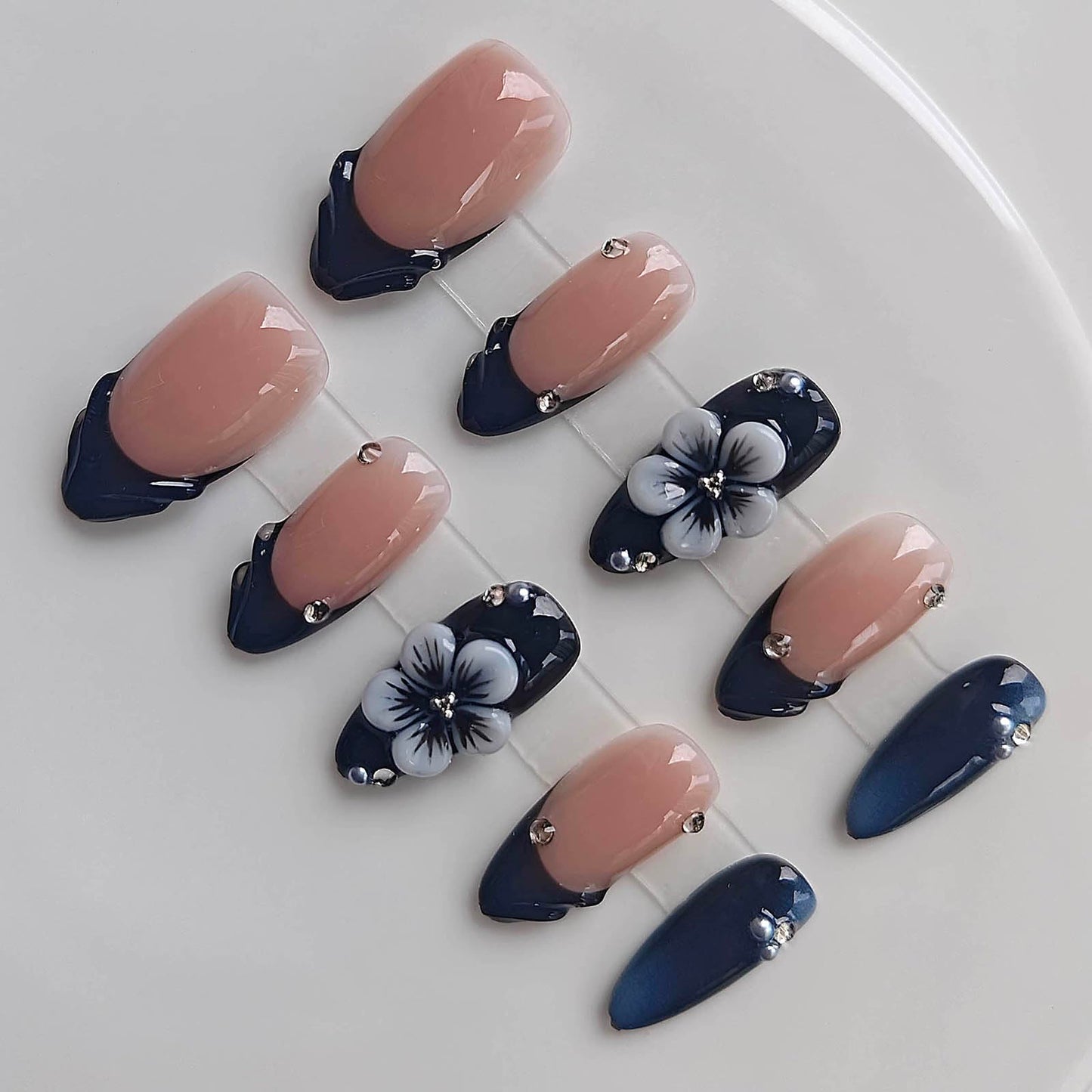 Gleamrain Almond Medium Handmade Press on Nails for Women, Handcrafted Floral Dark Blue Design Nude Natural Reusable Full Cover Fake Nail for Daily Wear Party Prom D315