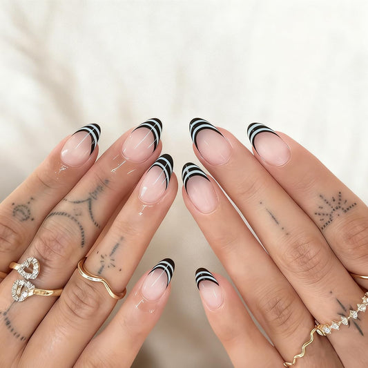 30 Pcs Black and White Stripe French Tip Press on Nails, Short Almond Fake Nails Press ons with Design, Glossy Acrylic Full Cover Stick on Nails for Women Manicure