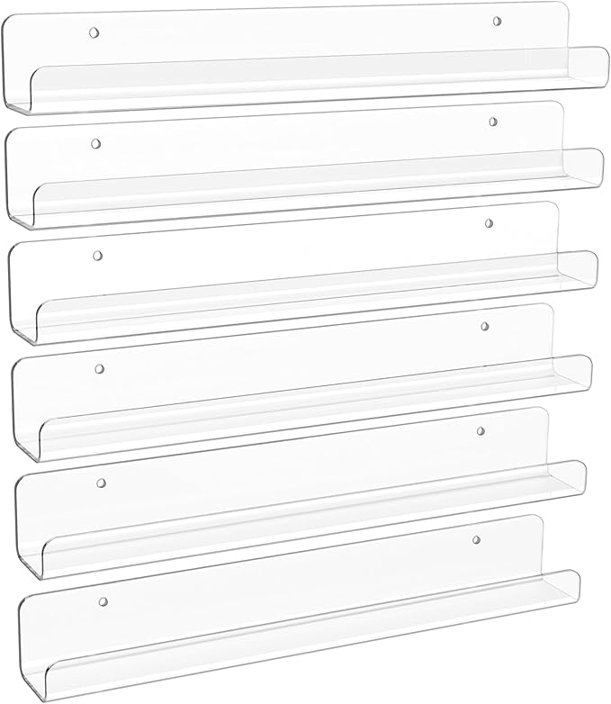 upsimples 6 Pack Clear Acrylic Shelves, 1.7" x12" Clear Wall Shelves for Nail Polish, Vinyl Wall Mount, Record Holder, Magazine Rack, Comic Display, Picture Ledge Shelf DÃ©cor
