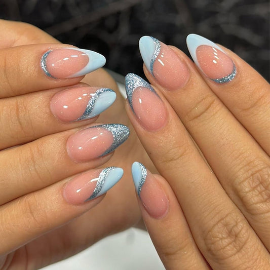 30Pcs Blue French Press on Nails Medium Almond WLGDLH Fake Nails Nude False Nail Tip Kit with Glitter Lines Designs Sparkly Glossy Glue on Nails Full Cover Acrylic Cute Stick on Nail for Women