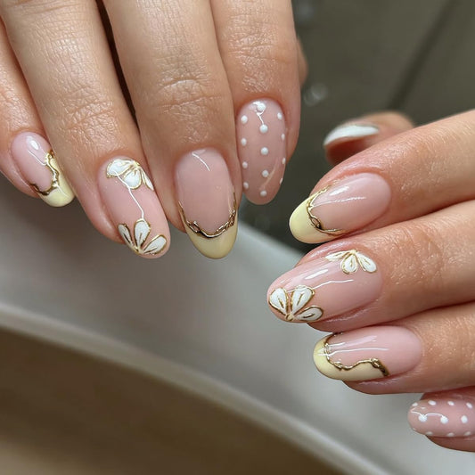 French Tip Press on Nails with Gold Line & White Flower Designs, Short Oval Cute Polka Dot Fake Nails, Spring Summer False Nails, Reusable Stick on Nails for Women Manicure 12 Sizes - 24 Pcs