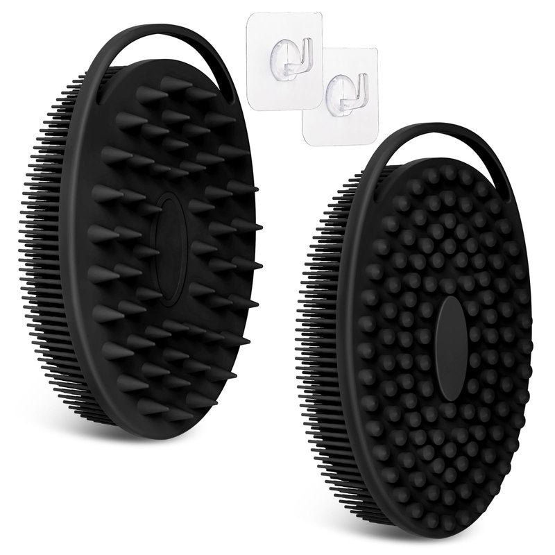 GEENOA Soft Silicone Body Scrubber 2PCS, 2-in-1 Bath & Shampoo Brush with Dual-Side Usage, Hygienic Silicone Loofah Shower Scrubber for Gentle Exfoliating & Good Lathering(Blackx2)