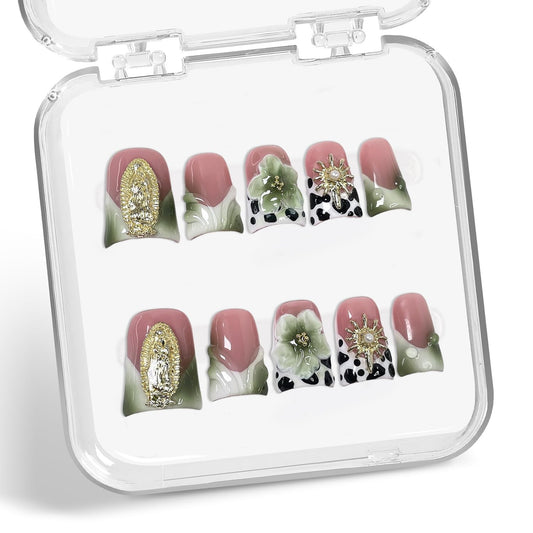 Handmade Press on Nails Short Duck Shaped Fake Nails Green White Gradient Stick on Nail Luxury 3D Flowers False Nails Designs French Tip Thick and Muti-Layer Gel Acrylic Nail for Women（S)